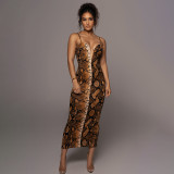 Casual Snake Print Deep V Sling Slit Maxi Dress