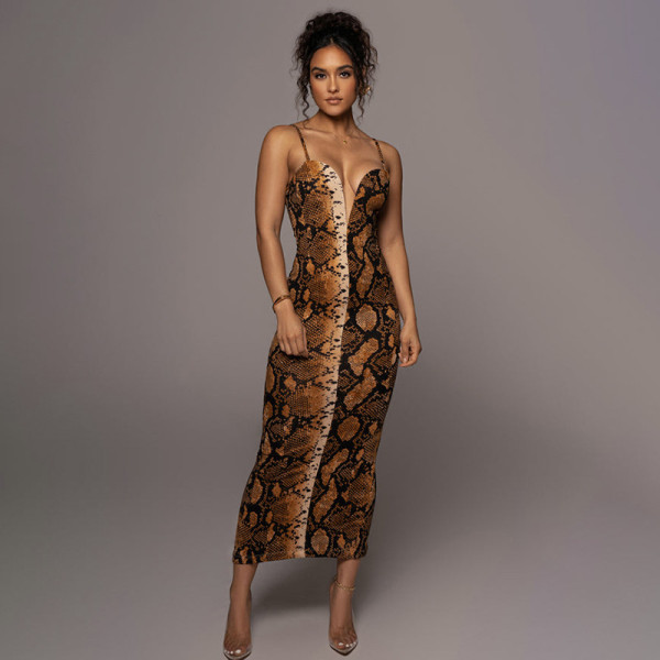 Casual Snake Print Deep V Sling Slit Maxi Dress