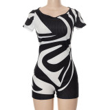 Sexy black and white contrast color personality slanted shoulder short-sleeved slim fit shorts