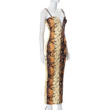 Casual Snake Print Deep V Sling Slit Maxi Dress