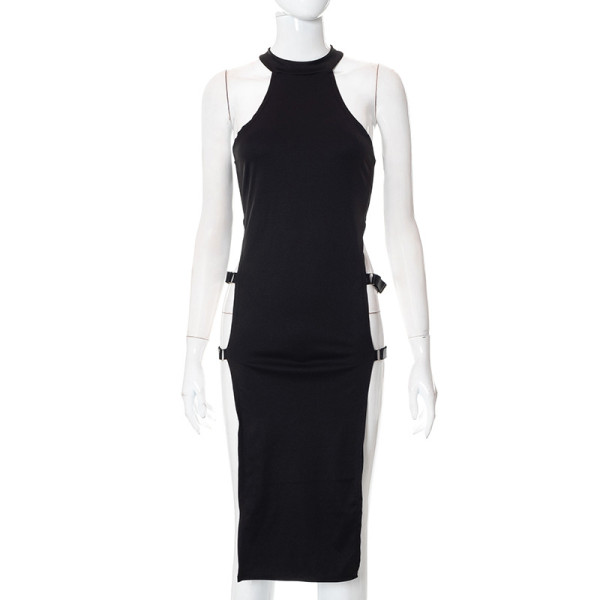 Solid Color Pullover Sleeveless Cutout Side Slit High Waist Dress