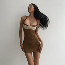 Contrasting Mesh Panel Slim Fit Mini Halter Dress