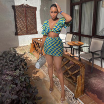 Fashion Women's Plaid Print Puff Sleeve Cropped Navel Top Package Hip Skirt Suit Two Piece Set