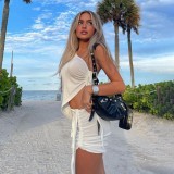 Solid Color One Shoulder Ruched Skirt Two Piece Fashion Casual Suit