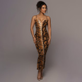 Casual Snake Print Deep V Sling Slit Maxi Dress