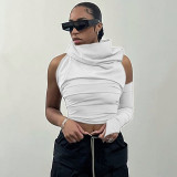 Solid Color Casual Cropped Navel Open Back Single Sleeve Hooded Slim Top