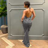 Fashion deep V neck halter neck open back solid color pleated temperament slim dress