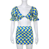 Fashion Women's Plaid Print Puff Sleeve Cropped Navel Top Package Hip Skirt Suit Two Piece Set