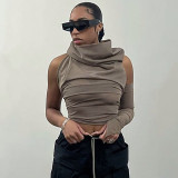 Solid Color Casual Cropped Navel Open Back Single Sleeve Hooded Slim Top
