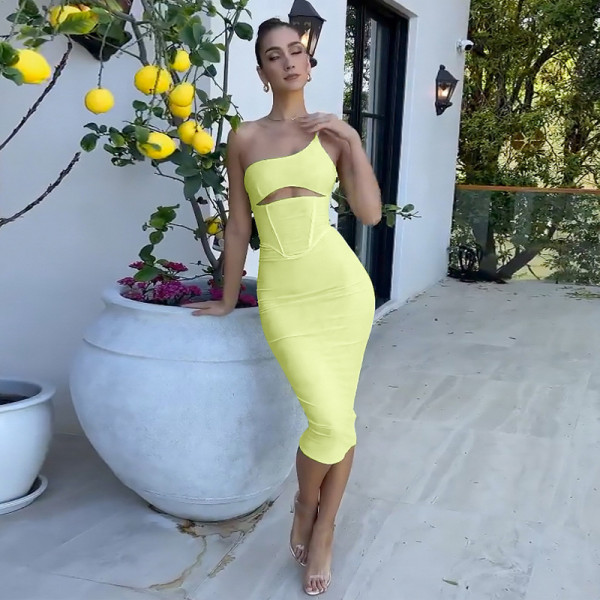 Solid Color One Shoulder Tube Top Midi Dress Slim Fit