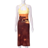 Pullover Halter Sleeveless Printed High Waist Slit Dress