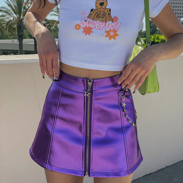 Solid Color Zipper High Waist Bag Hip Chain Casual Short Skirt