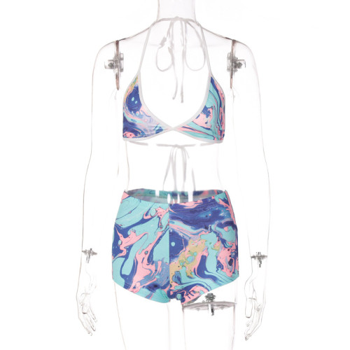 V-neck wrap chest shorts fashion print suit