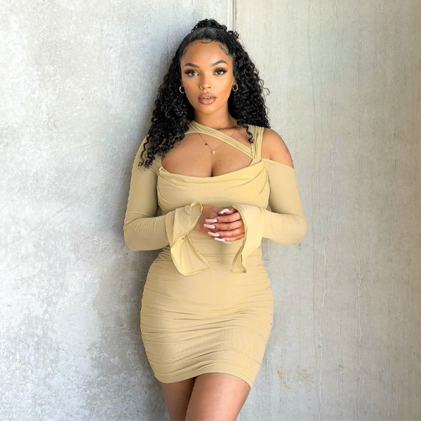 Mesh Paneled Hollow Crinkled Slim Fit Hip Dress