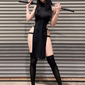 Solid Color Pullover Sleeveless Cutout Side Slit High Waist Dress