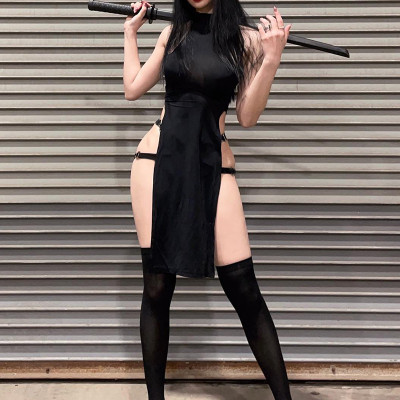 Solid Color Pullover Sleeveless Cutout Side Slit High Waist Dress