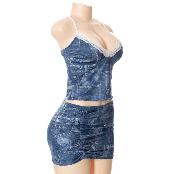 Sling Denim Print Low Waist Hip Short Skirt Two Piece Set