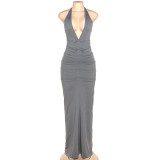 Fashion deep V neck halter neck open back solid color pleated temperament slim dress