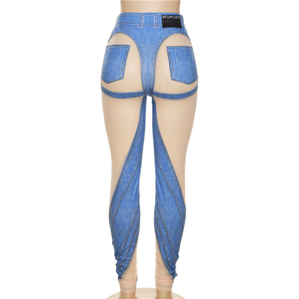 Sexy Mesh Sheer Patchwork Print High Waist Skinny Casual Trousers