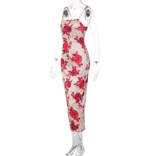 rose print suspender dress women's floral temperament long dress