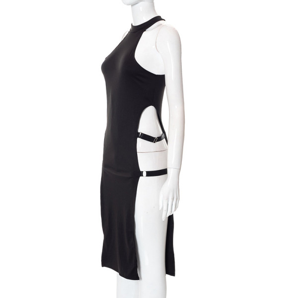 Solid Color Pullover Sleeveless Cutout Side Slit High Waist Dress