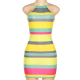 Fashion Sexy Babes Backless Rainbow Print Slim Fit Hip Dress