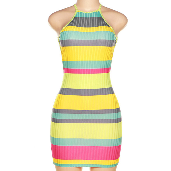 Fashion Sexy Babes Backless Rainbow Print Slim Fit Hip Dress