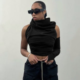 Solid Color Casual Cropped Navel Open Back Single Sleeve Hooded Slim Top
