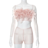 Sexy Feather Mesh Tube Top Cropped Navel Shorts Sexy Casual