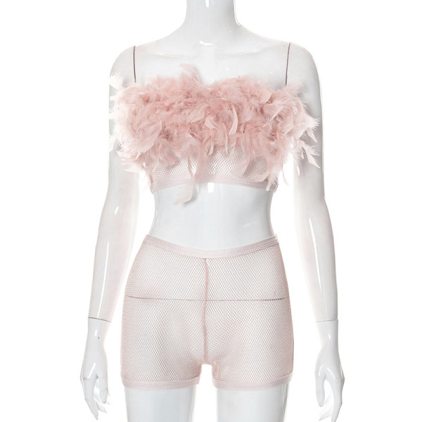 Sexy Feather Mesh Tube Top Cropped Navel Shorts Sexy Casual