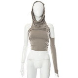 Solid Color Casual Cropped Navel Open Back Single Sleeve Hooded Slim Top