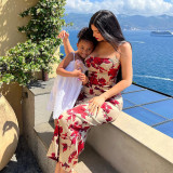 rose print suspender dress women's floral temperament long dress