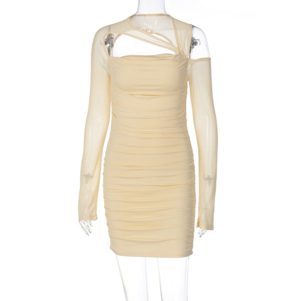 Mesh Paneled Hollow Crinkled Slim Fit Hip Dress