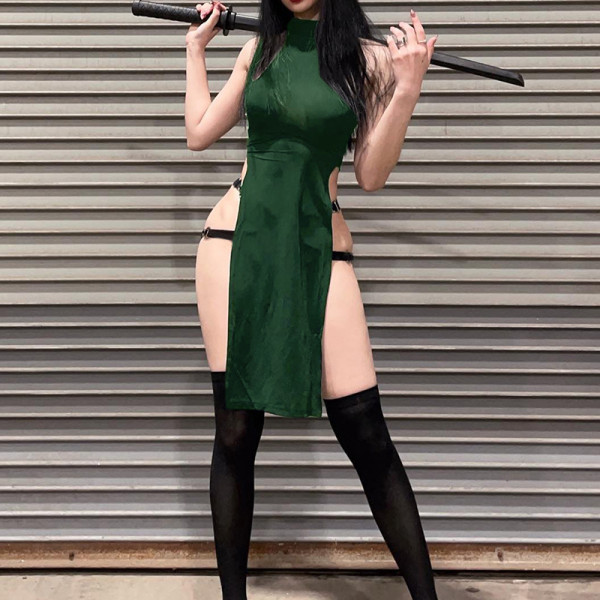 Solid Color Pullover Sleeveless Cutout Side Slit High Waist Dress
