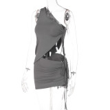 Solid Color One Shoulder Ruched Skirt Two Piece Fashion Casual Suit