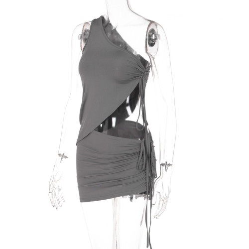 Solid Color One Shoulder Ruched Skirt Two Piece Fashion Casual Suit