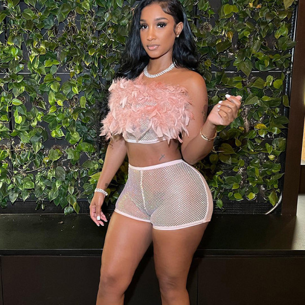 Sexy Feather Mesh Tube Top Cropped Navel Shorts Sexy Casual