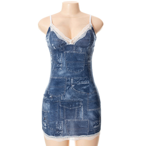 Sling Denim Print Low Waist Hip Raise Women's Dress