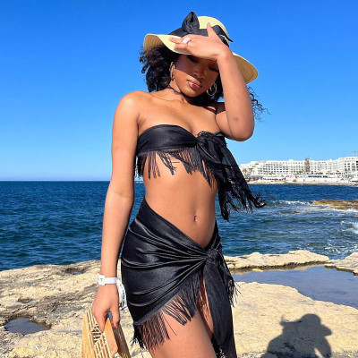 Solid color bandage fringed tube top vest bag hip skirt two-piece suit