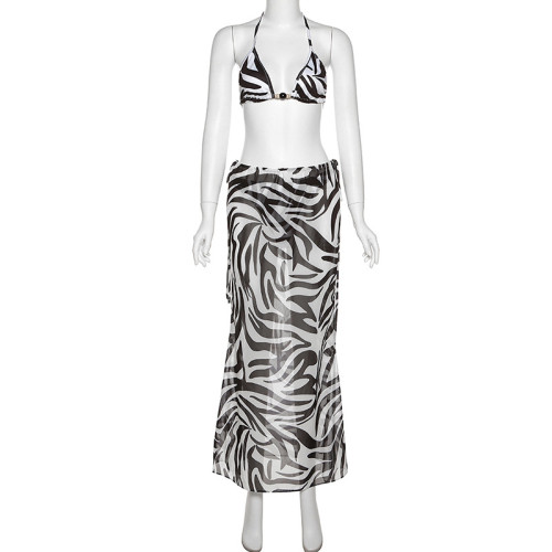 Fashion Print Sexy Bikini Strap Skirt Casual Set