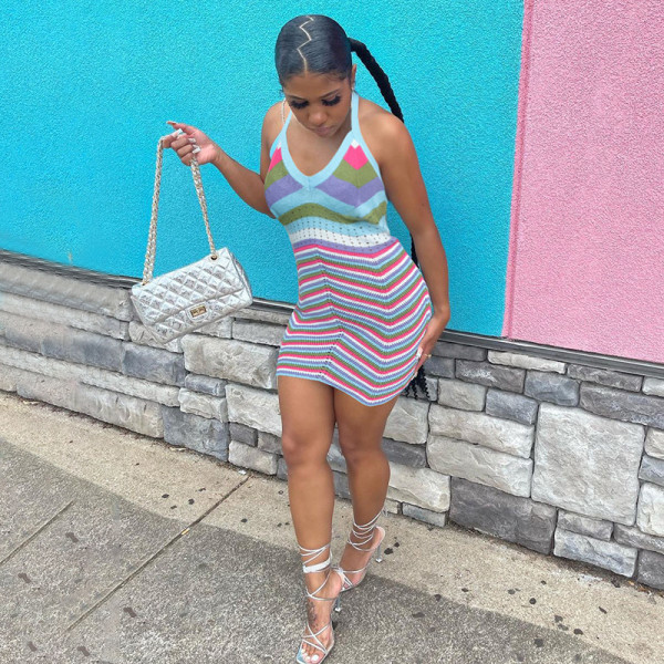 Colorful Striped Colorblock Wool Knit Halter Short Sexy Dress