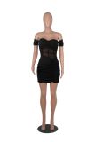 Sexy fashion nightclub wrap chest perspective mesh stitching pleated one-shoulder evening dress