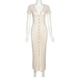 Fashion Short Sleeve Sexy V-Neck Single Breasted Slim Fit Hip Dress