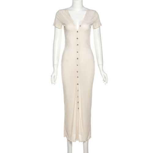 Fashion Short Sleeve Sexy V-Neck Single Breasted Slim Fit Hip Dress