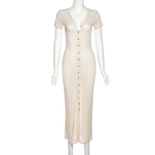 Fashion Short Sleeve Sexy V-Neck Single Breasted Slim Fit Hip Dress