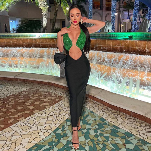 Sequin Halter Contrast Color Splicing Sexy Cutout Air Slim Fit Dress