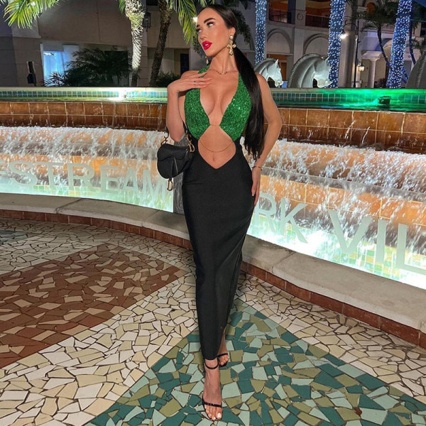 Sequin Halter Contrast Color Splicing Sexy Cutout Air Slim Fit Dress