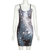Fashion Water Drop Print Sling Sling Neck Sexy Hip Dress