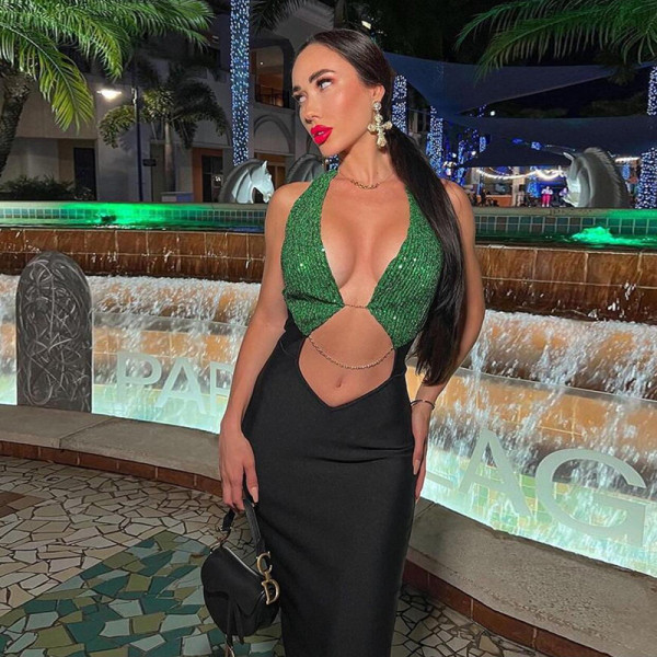 Sequin Halter Contrast Color Splicing Sexy Cutout Air Slim Fit Dress