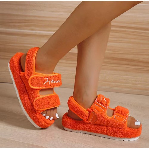 One word thick bottom fur sandals shoes women's embossed cotton slippers large size towel sandals